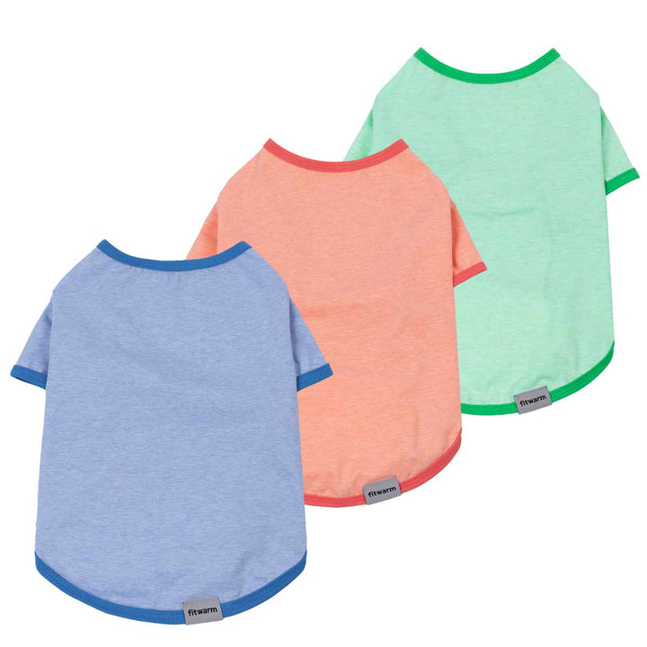 Dog shirt collection with three colors: blue, peach, and green, featuring Fitwarm labels.