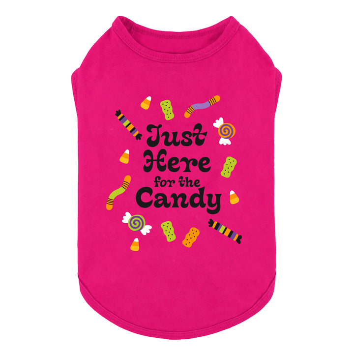 Halloween shirt for dogs with candy prints and 'Just here for the Candy' lettering