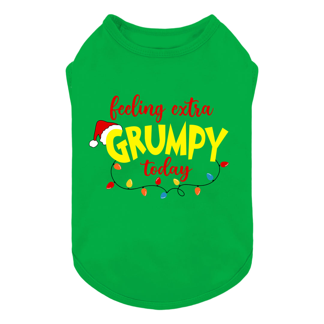 Green Christmas dog shirt with 'Feeling Extra Grumpy Today' text, Santa hat, and colorful holiday lights.