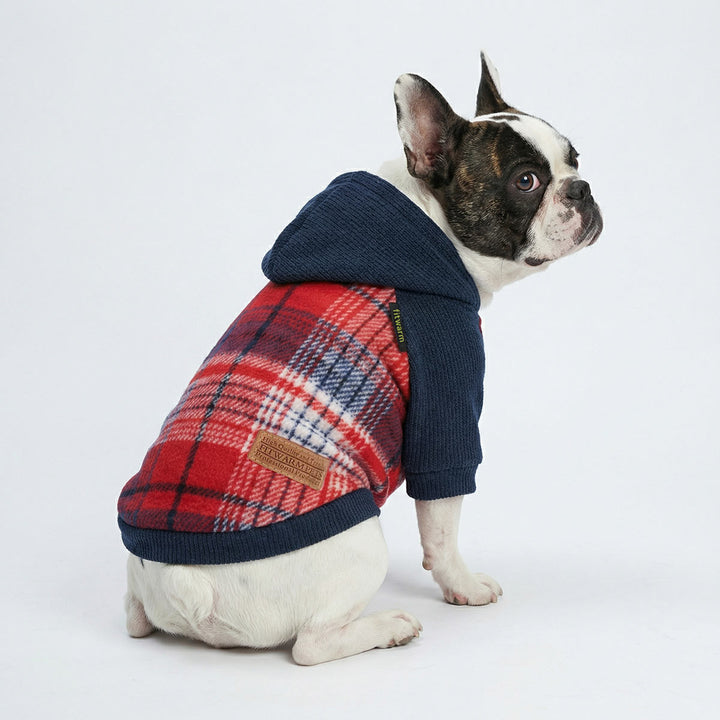 French bulldog wearing red plaid dog hoodie with navy hood