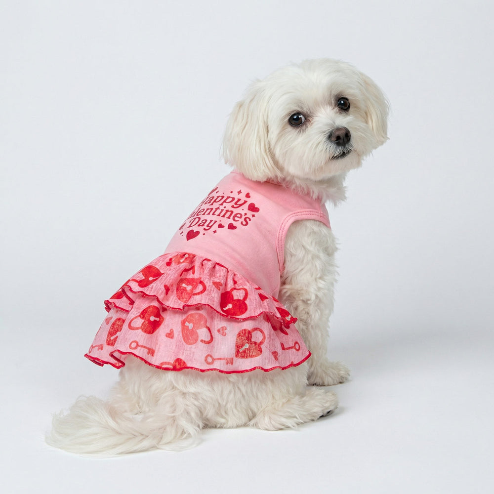 White dog wearing pink valentine dog dress with heart prints and tiered ruffle design