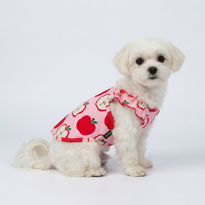 Dog modeling apple print dog shirt with ruffle trim and sleeveless cut