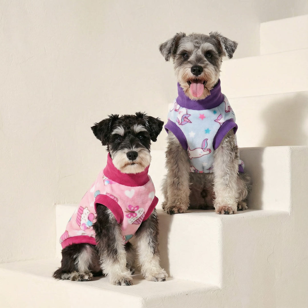 Two mini schnauzers sitting on white steps wearing soft fleece dog turtleneck sweater styles in pink and purple