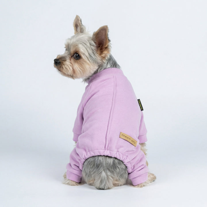 Back view of dog dressed in cozy dog pajamas in light purple tone