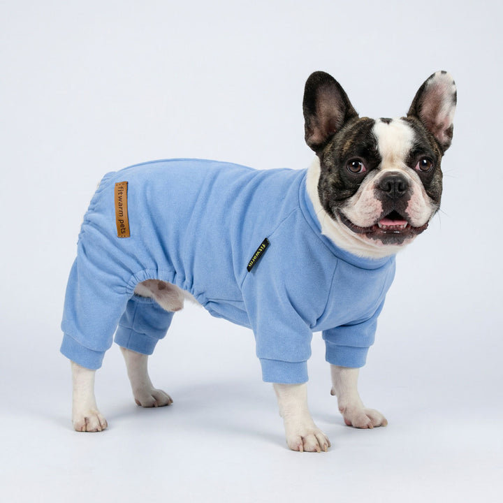 Small Boston Terrier modeling solid color dog onesie designed for daily comfort