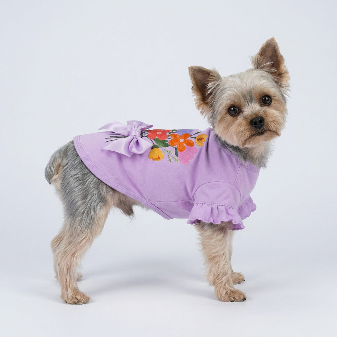 Dog wearing a purple dog t shirt with floral design on a white background