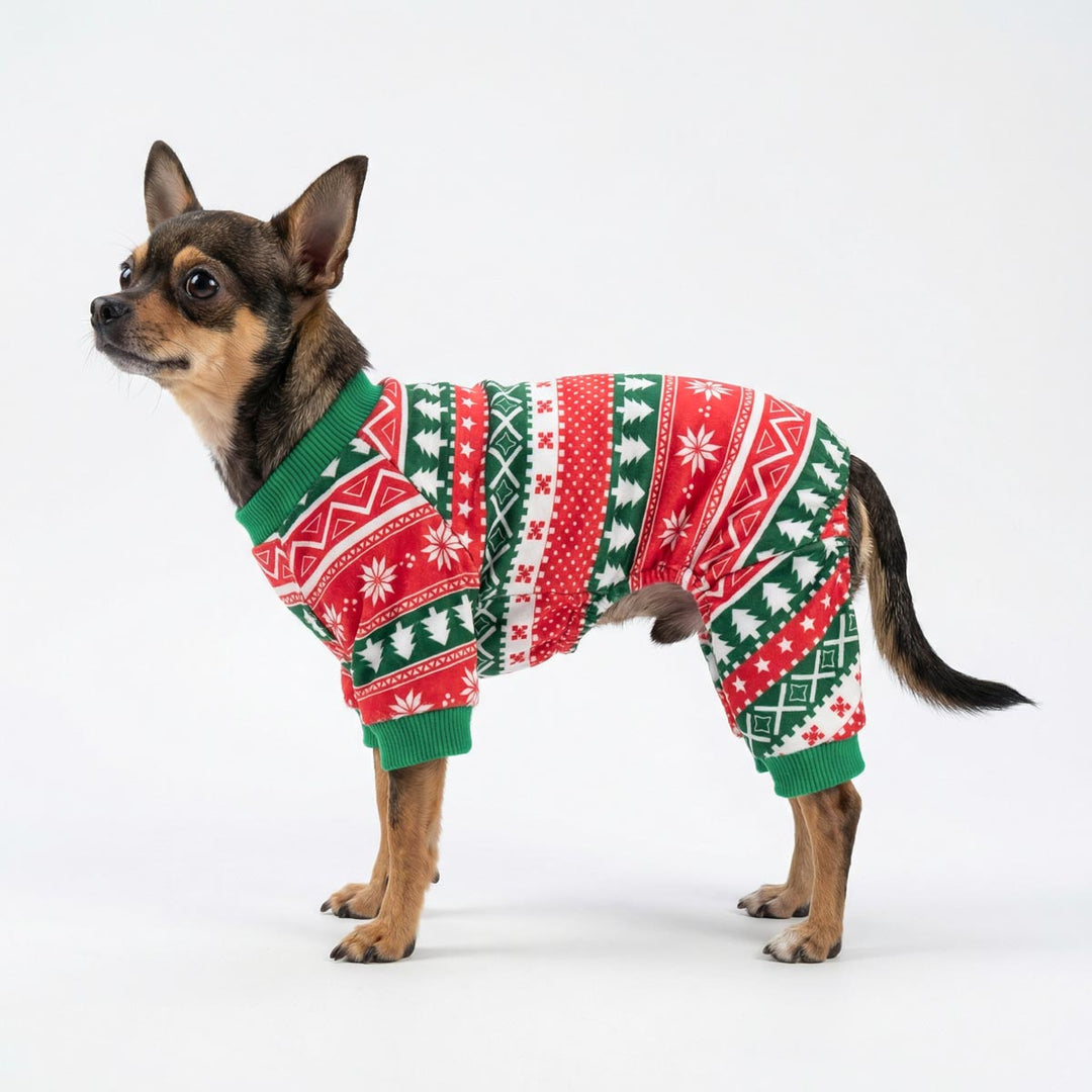 Side view of dog dressed in Christmas pajamas for dogs with winter designs