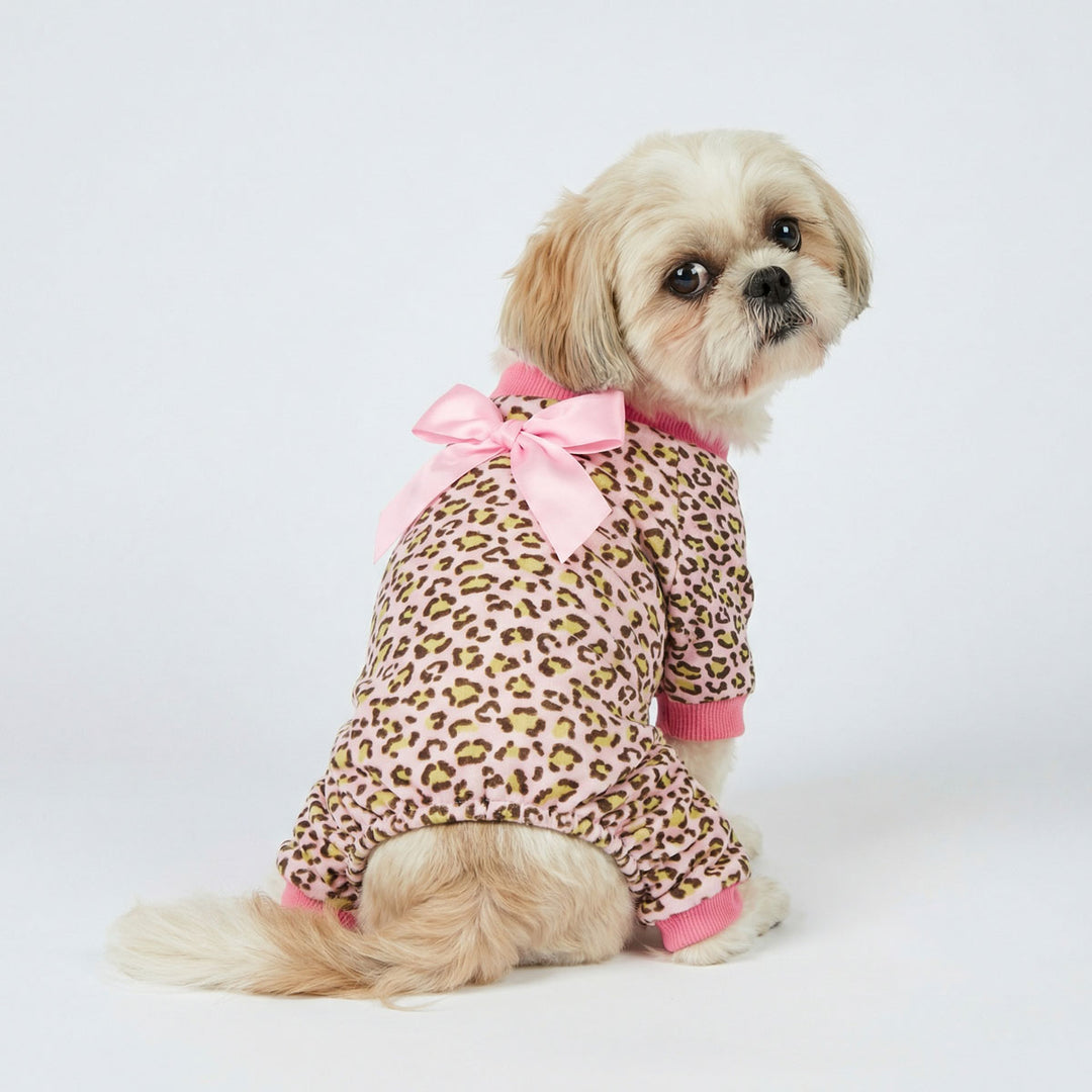 Cute small dog sitting in leopard dog pajamas with a bowknot