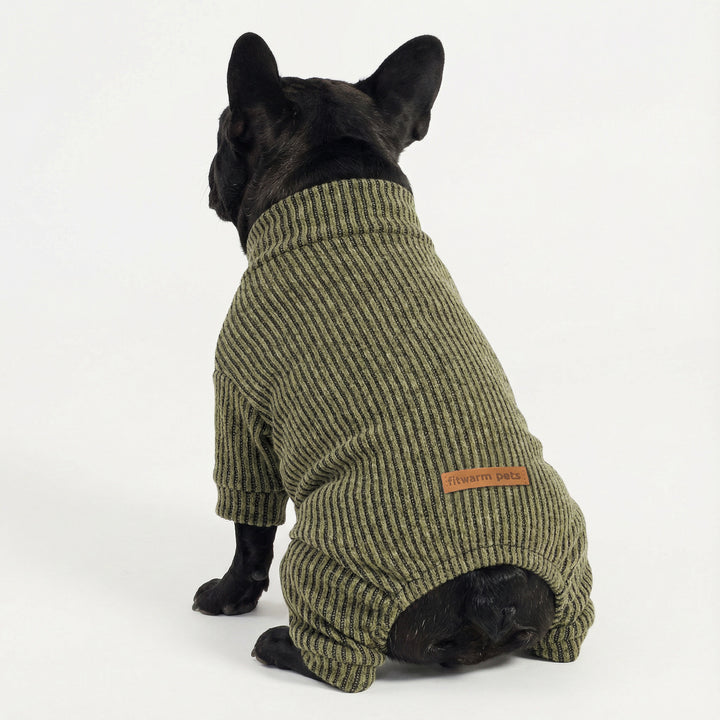 French bulldog wearing ribbed green dog pajamas with mock neck design