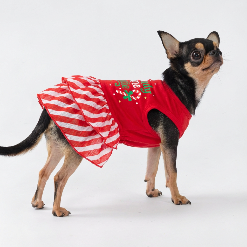 Chihuahua posing in Christmas-themed dog dress featuring red top and candy stripe skirt