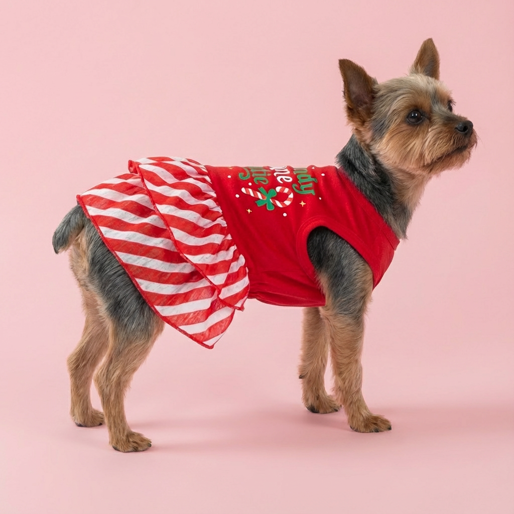 Yorkshire terrier dressed in festive Christmas dog dress featuring candy stripe skirt