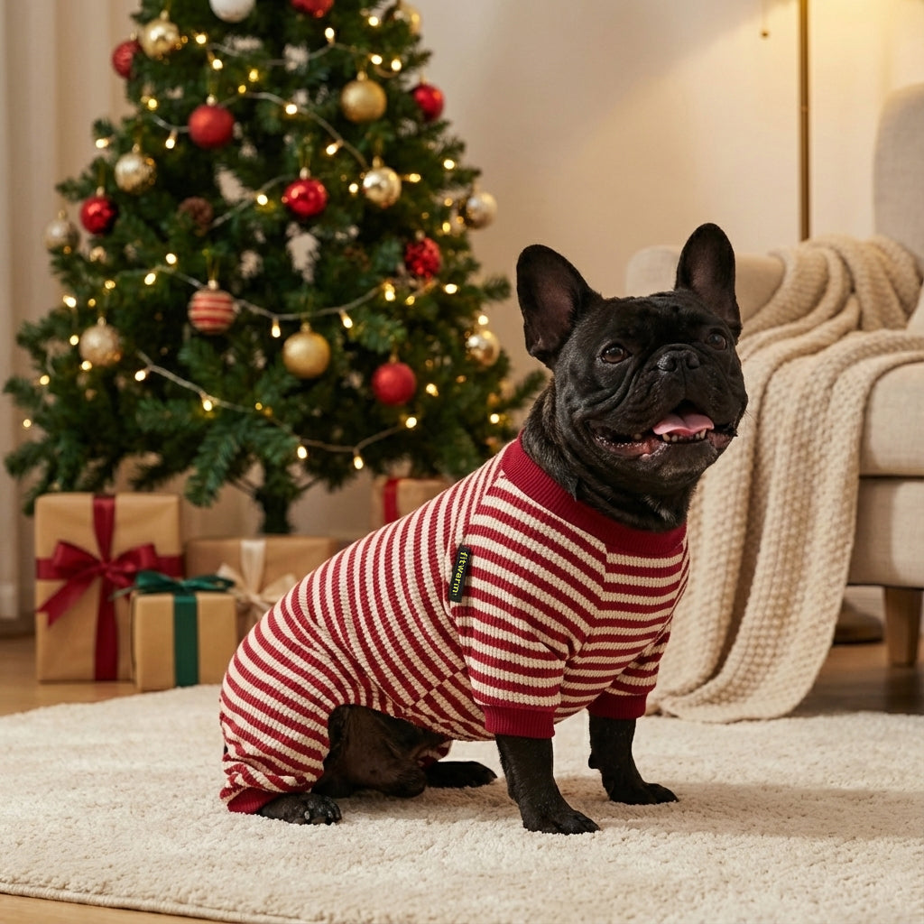 French bulldog wearing red and cream waffle striped dog pajamas, sitting beside a decorated Christmas tree indoors.