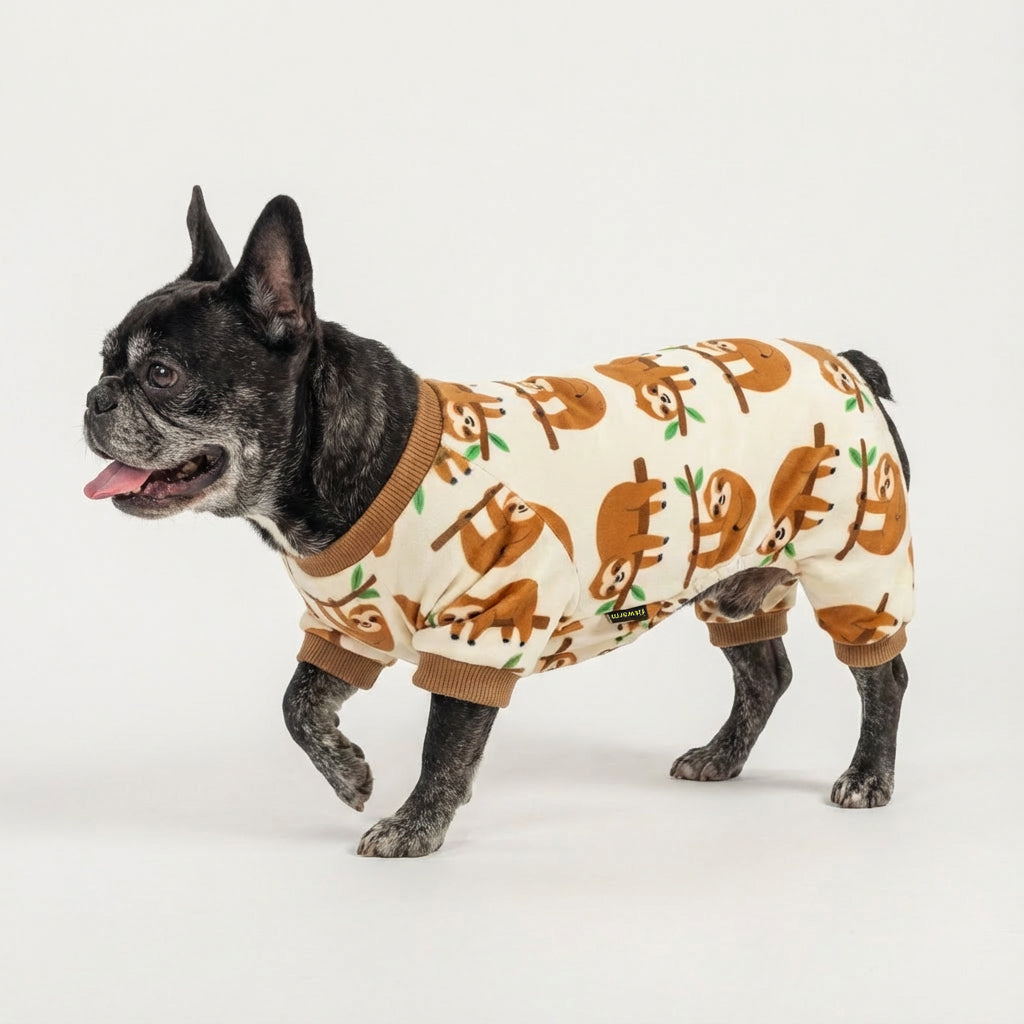 Small dog wearing sloth-themed dog pajamas featuring warm tones and relaxed everyday silhouette