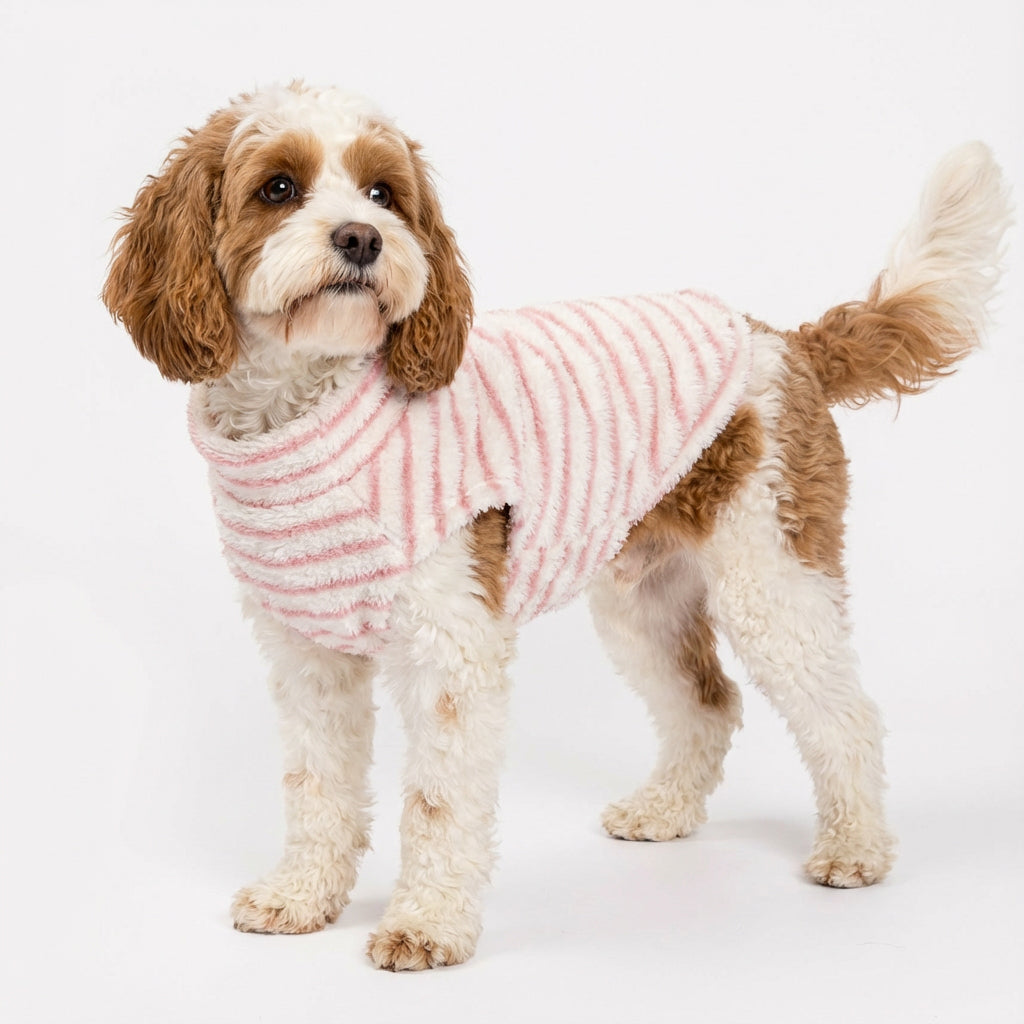 Curly-haired dog standing in striped dog sweater with soft pink-and-white pattern