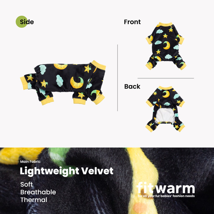 Dog pajamas set views side front back showing four leg fit and moon star pattern
