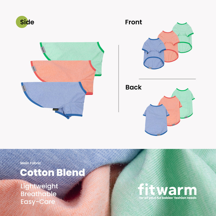 Side view of three dog shirts in pastel colors: blue, peach, and green with Fitwarm labels.