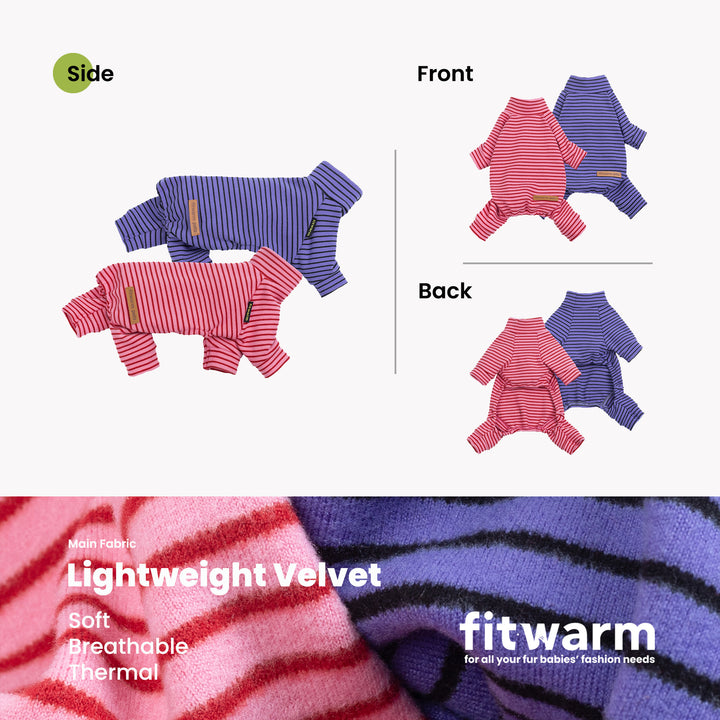 Red and navy striped dog pajamas set, side, front, and back views.