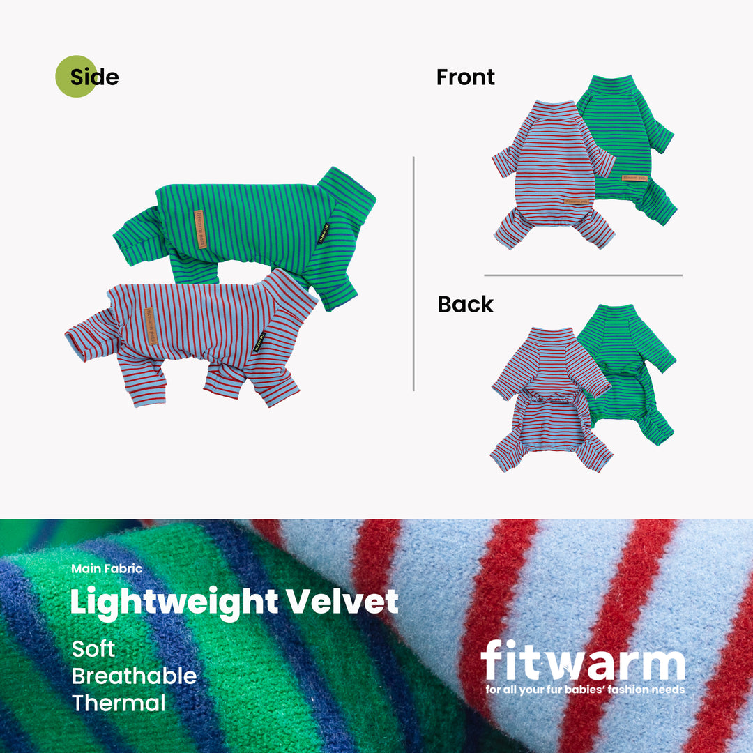 Green and red striped dog pajamas set, side, front, and back views.