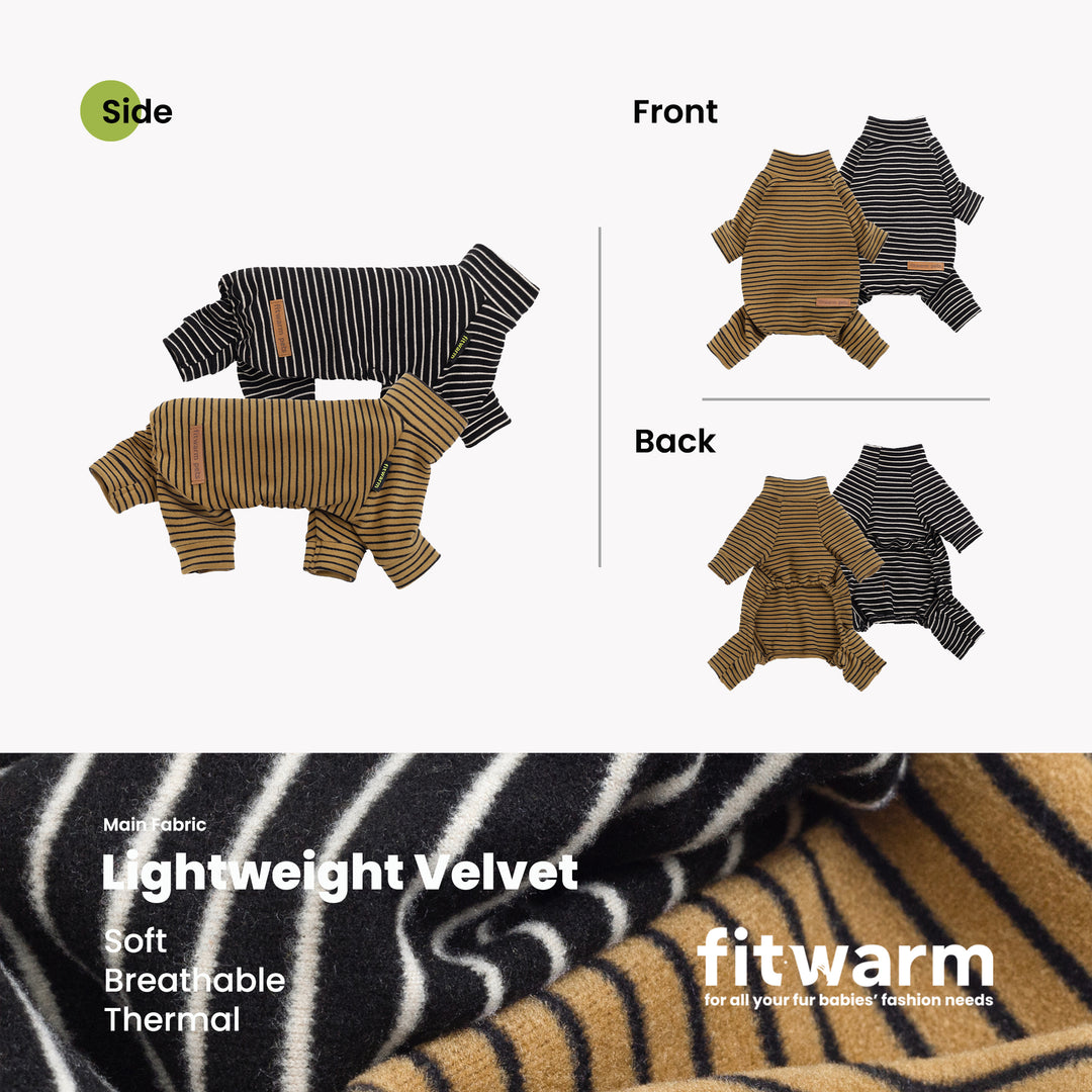 Black and tan striped dog pajamas set, side, front, and back views.