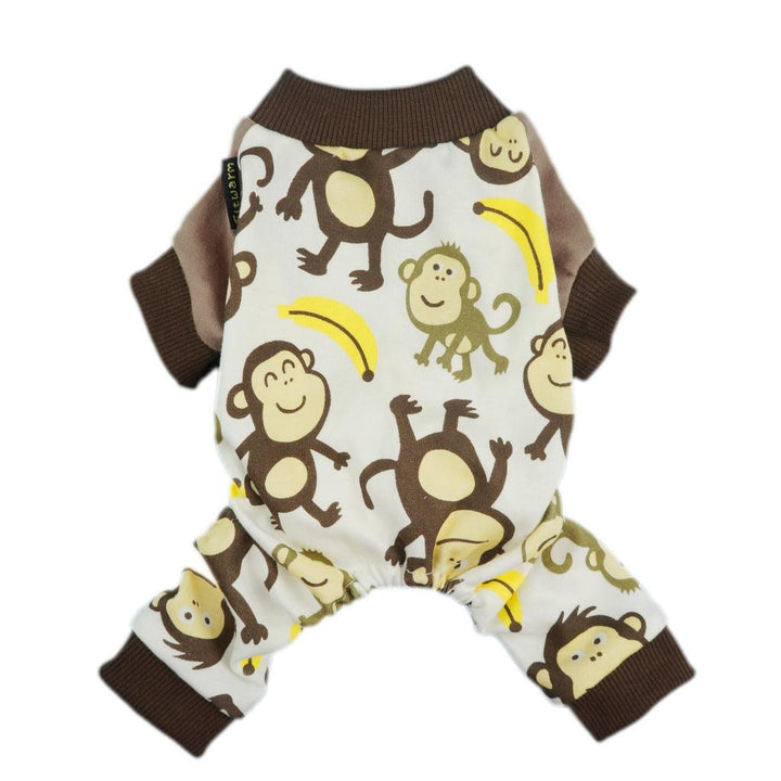 Light cream dog pajamas with a monkey and banana print, featuring brown ribbed cuffs and collar.