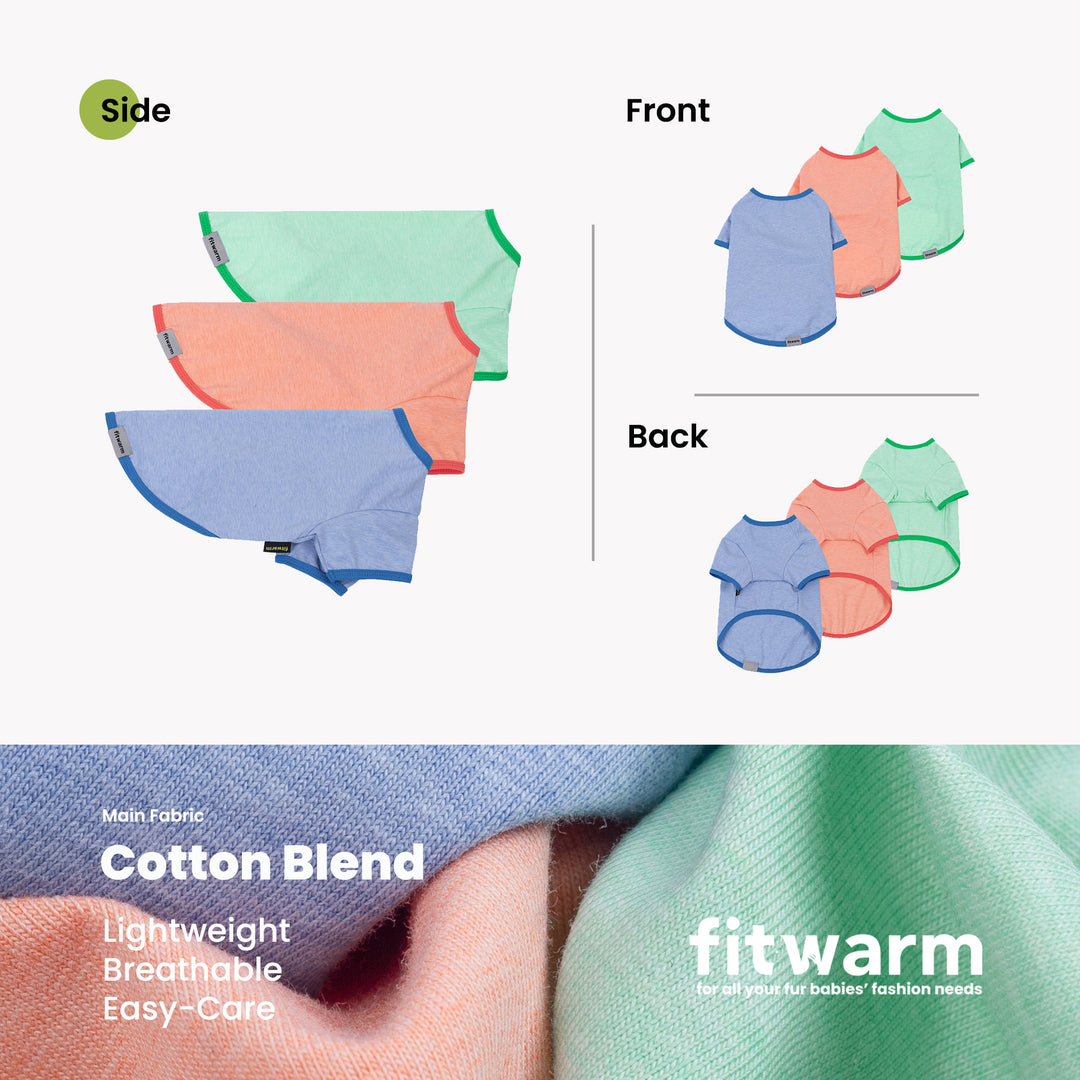 3 pack solid dog shirts, blue, coral, mint green, contrast trim. Cotton blend, breathable.