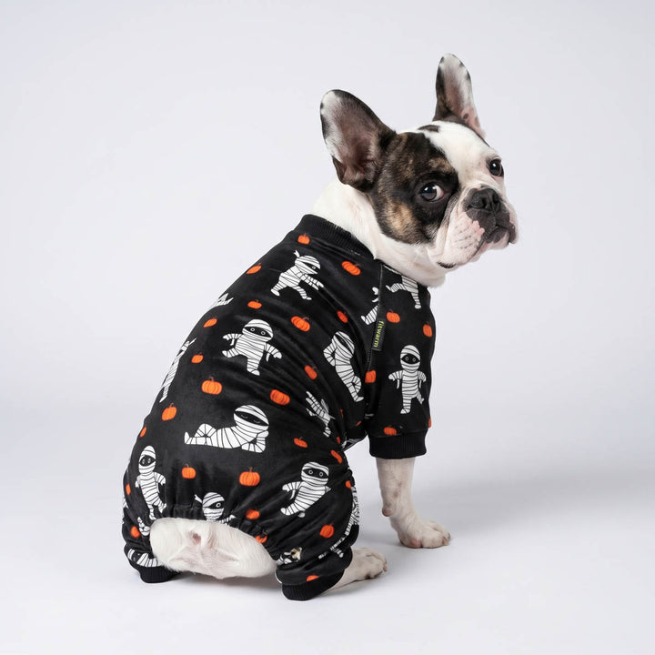 Boston Terrier dog wearing a black Halloween-themed pajamas for dogs with white mummies and orange pumpkins, photographed against a light gray studio background