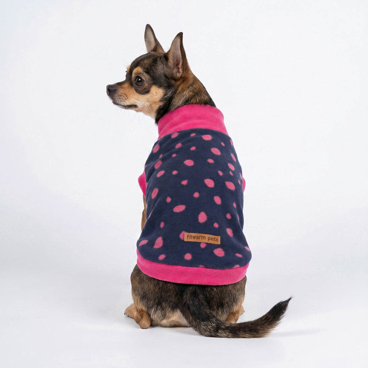 Back view of Chihuahua in a mock neck dog sweater with pink spots
