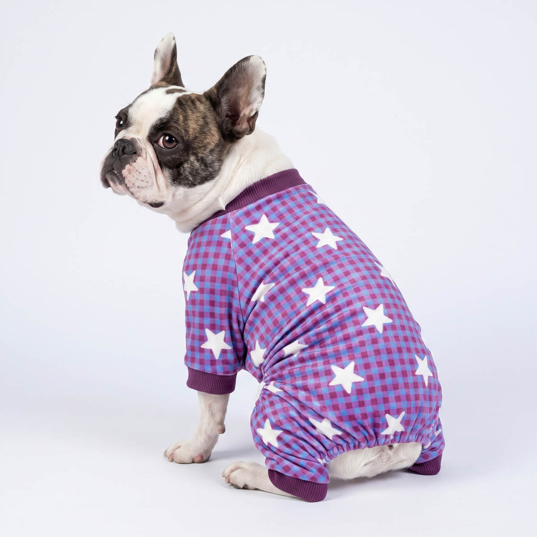 Back view of French Bulldog in a purple plaid star pajamas for dogs