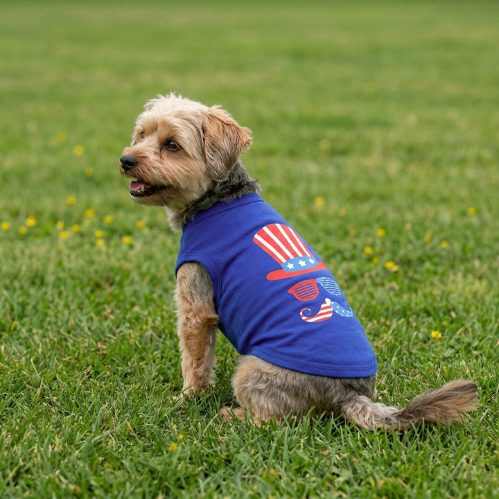 Small dog sitting on grass with a patriotic dog tank top