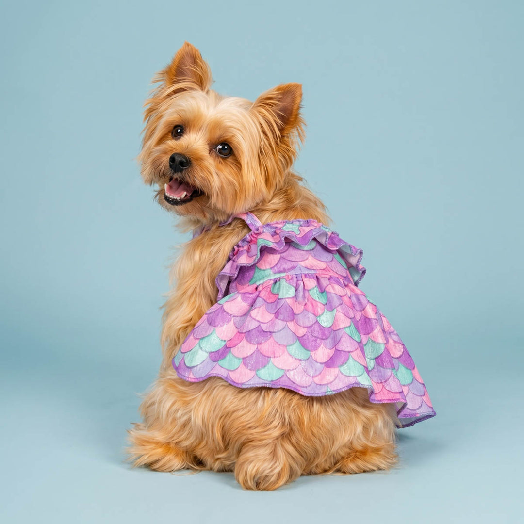 Back view of a Yorkie in a dog Hawaiian dress with purple mermaid prints