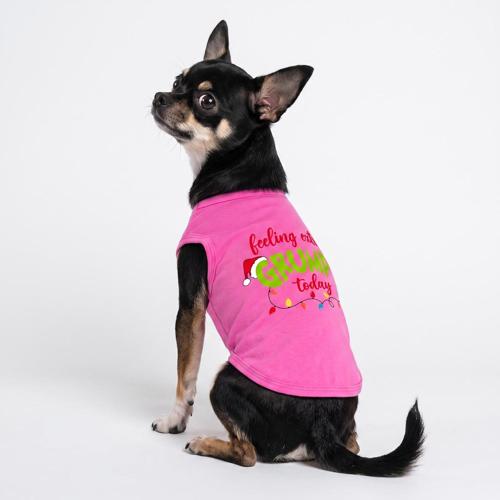 Small black and tan Chihuahua dog wearing a bright pink sleeveless dog shirt with a colorful Christmas-themed graphic on the back, sitting against a plain white studio background