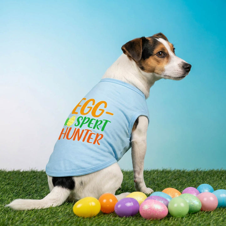 Dog sitting in a 'Egg-Sport Hunter' shirt for dogs with Easter eggs on grass