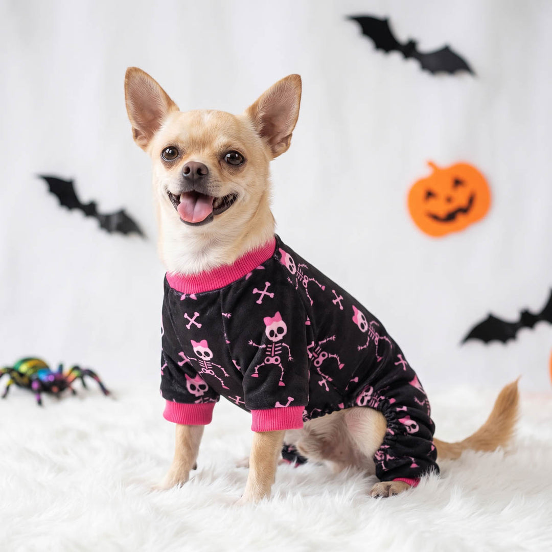 Small tan dog wearing a black Halloween pjs shirt with pink trim and a pink skeleton print, sitting on a white faux-fur rug with Halloween decorations in the background