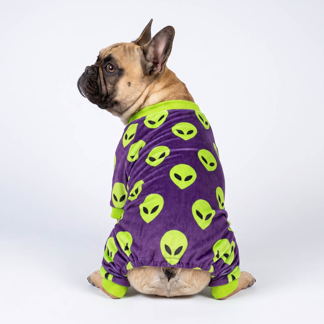 Back view of French Bulldog wearing a purple dog Halloween pjs covered in lime green alien head patterns