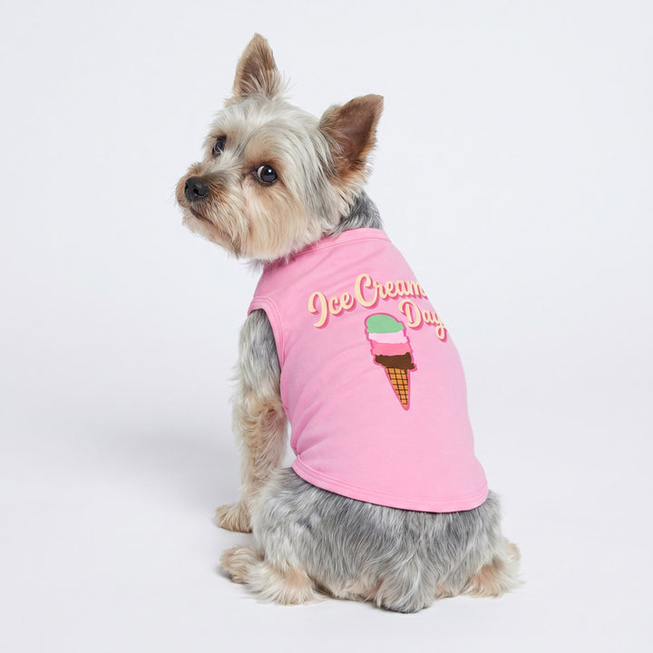 Small dog wearing a pink 'Ice Cream Day' sleeveless shirt for dogs on a white background