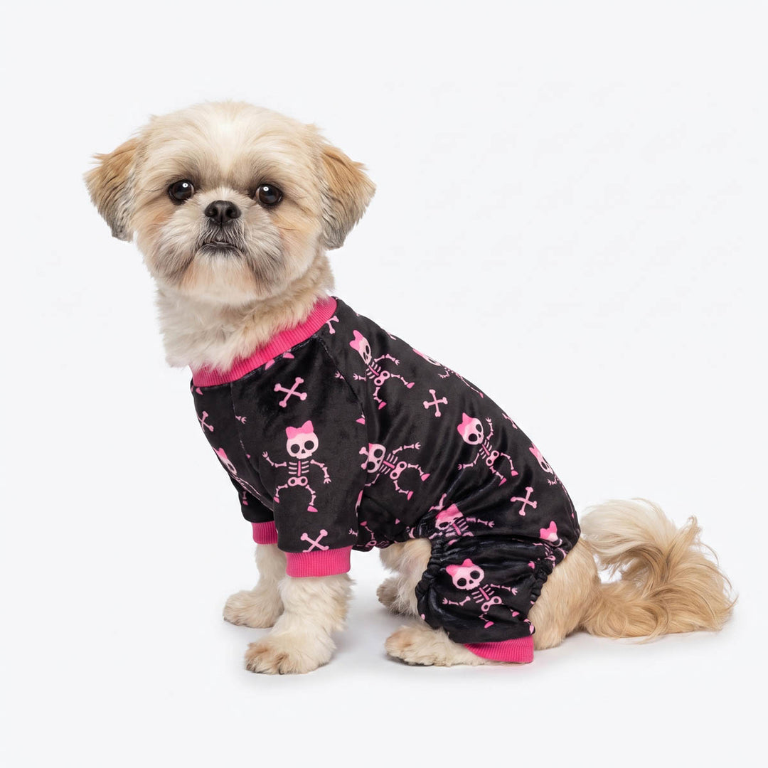 Small fluffy dog wearing a black long-sleeve pajama for dogs with pink trim and a pink dancing skeleton pattern, photographed on a clean white background