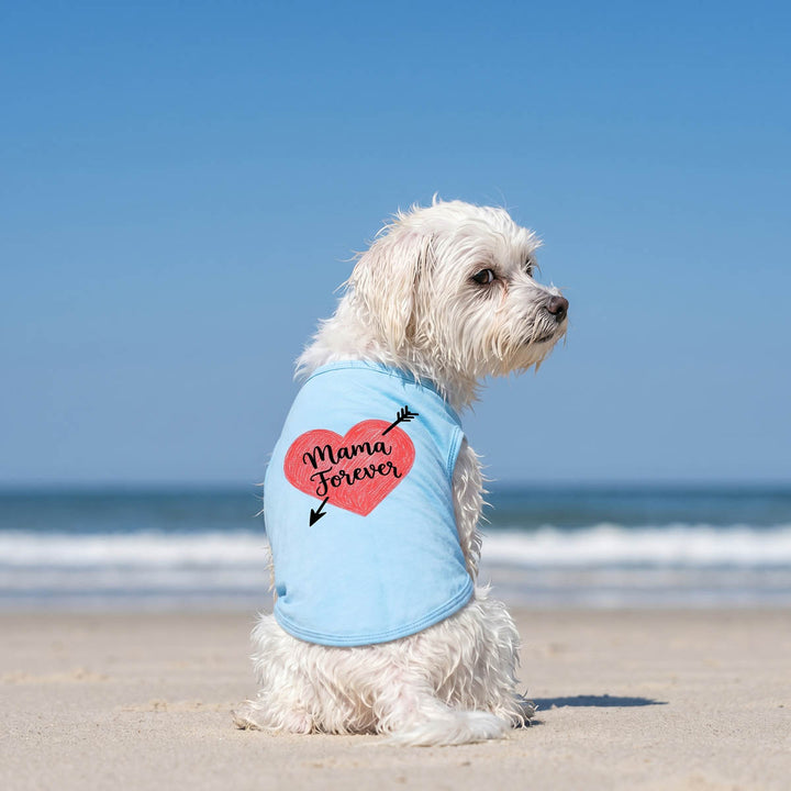 Small dog sitting on a beach in a dog t shirt with 'Mama forever' lettering