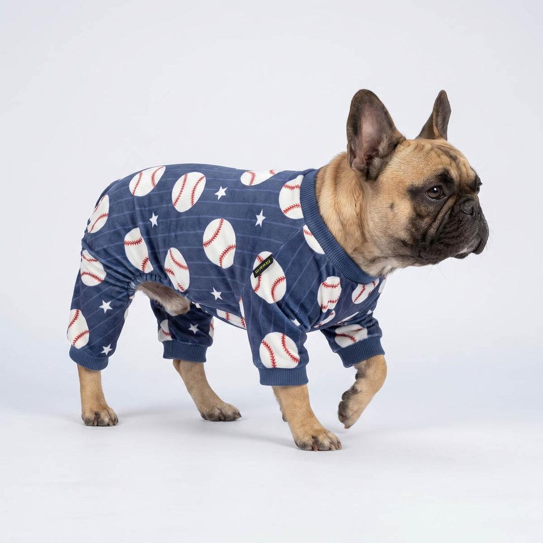 French Bulldog wearing a baseball pajamas for dogs and walking on the white background