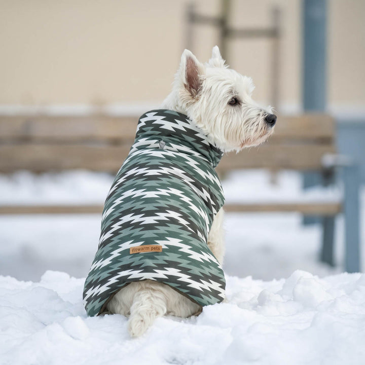 Westie sitting on the snow with a cozy dog turtleneck coat with geometric prints