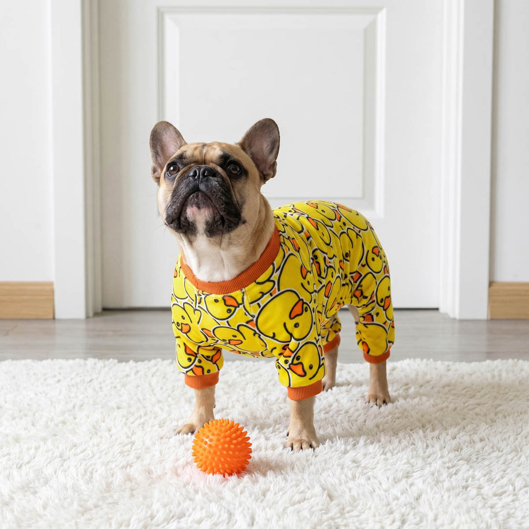 French Bulldog standing on indoor with a dog pjs with rubber duck prints