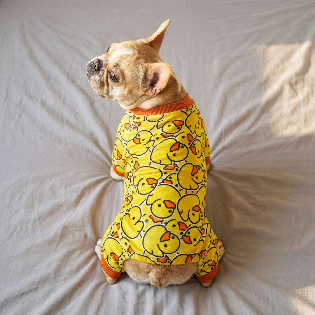 French Bulldog sitting on the bed with a rubber duck dog pjs