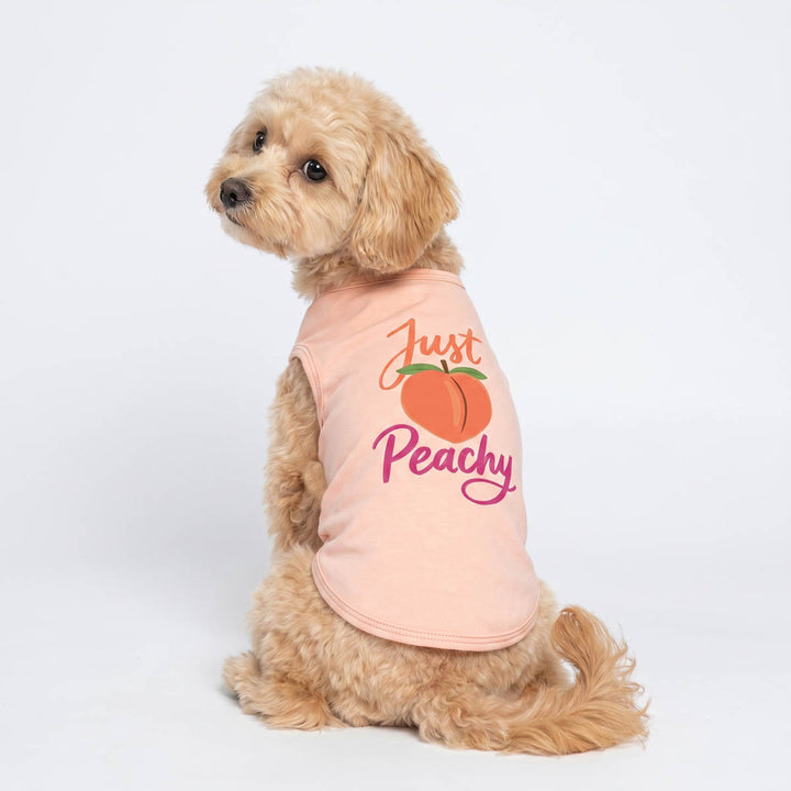 Back view of dog wearing a pink 'Just Peachy' shirt for dogs on a white background