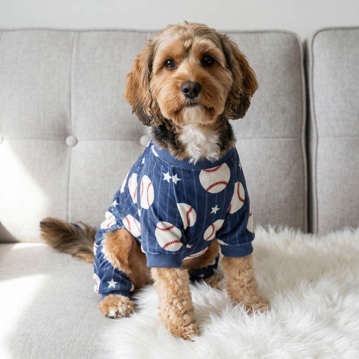 Small dog sitting on a the bed in a funny dog onesie with baseball prints