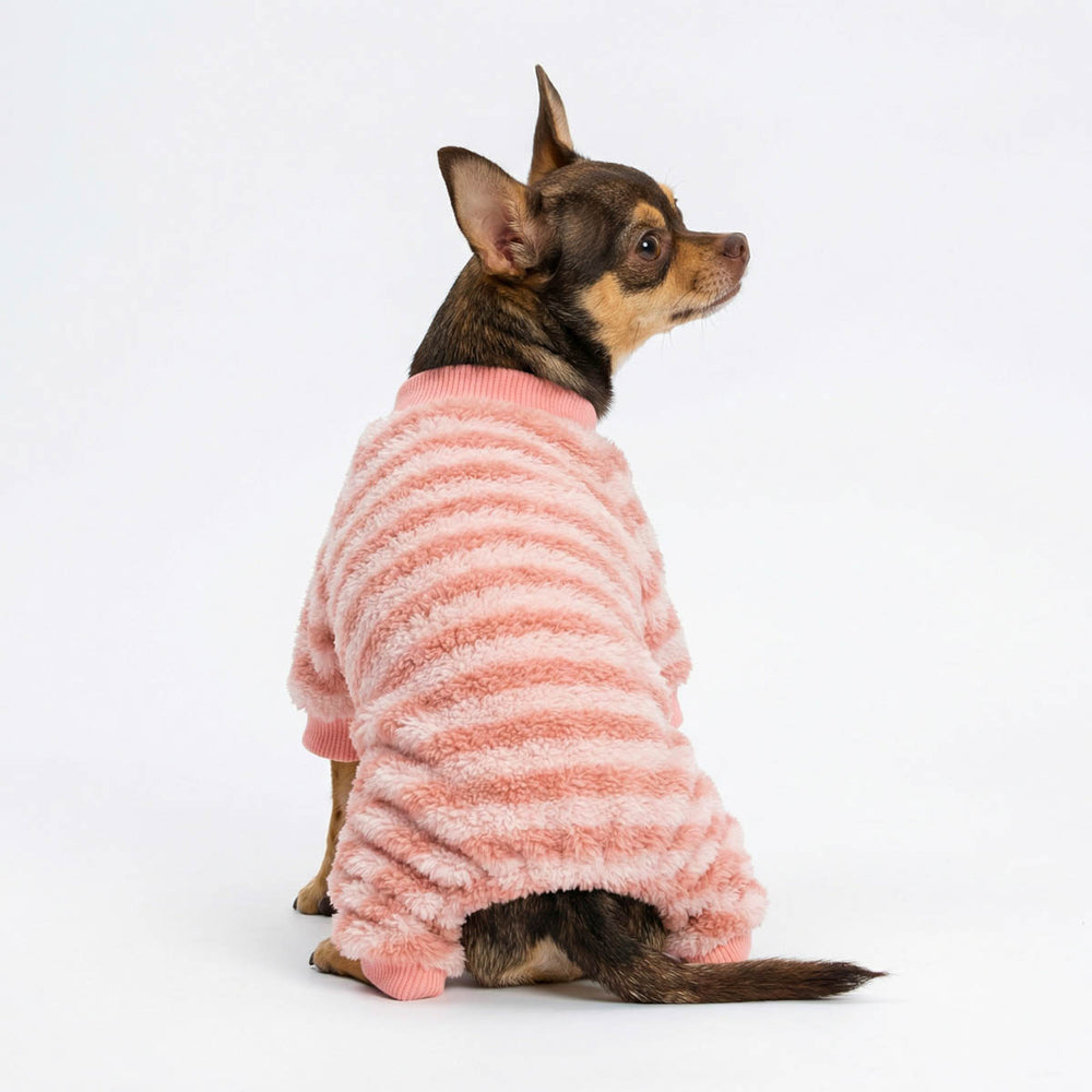 Thermal striped dog pjs worn by small dog from back view