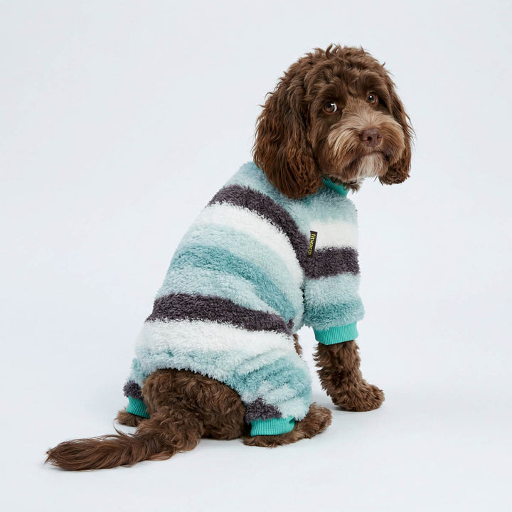 Small dog sitting in striped dog onesie featuring plush fabric and cozy stripes