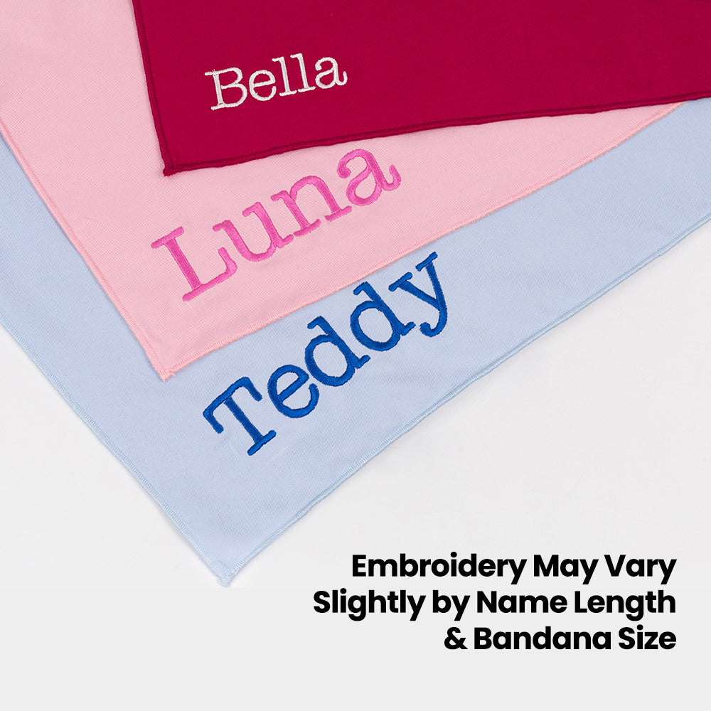 Three dog bandanas with embroidered names 'Bella', 'Luna', and 'Teddy' on a white background