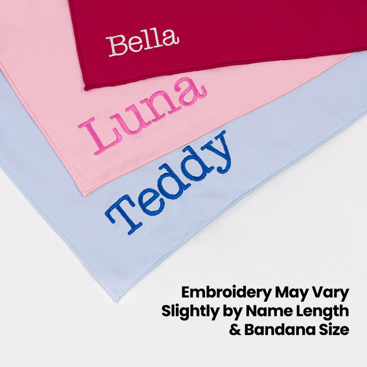 Three dog bandanas with embroidered names 'Bella', 'Luna', and 'Teddy' on a white background