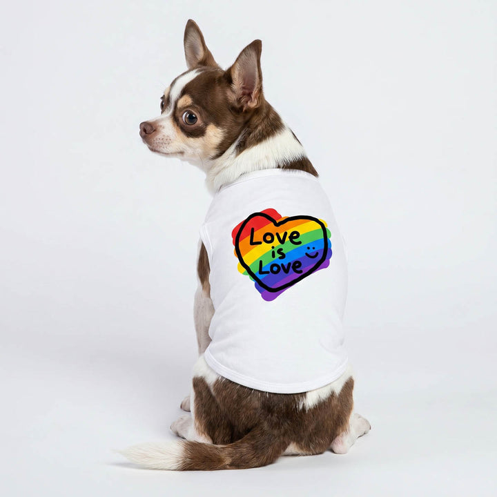 Back view of Chihuahua wearing a dog tank top with colorful heart print and ' love is love' lettering