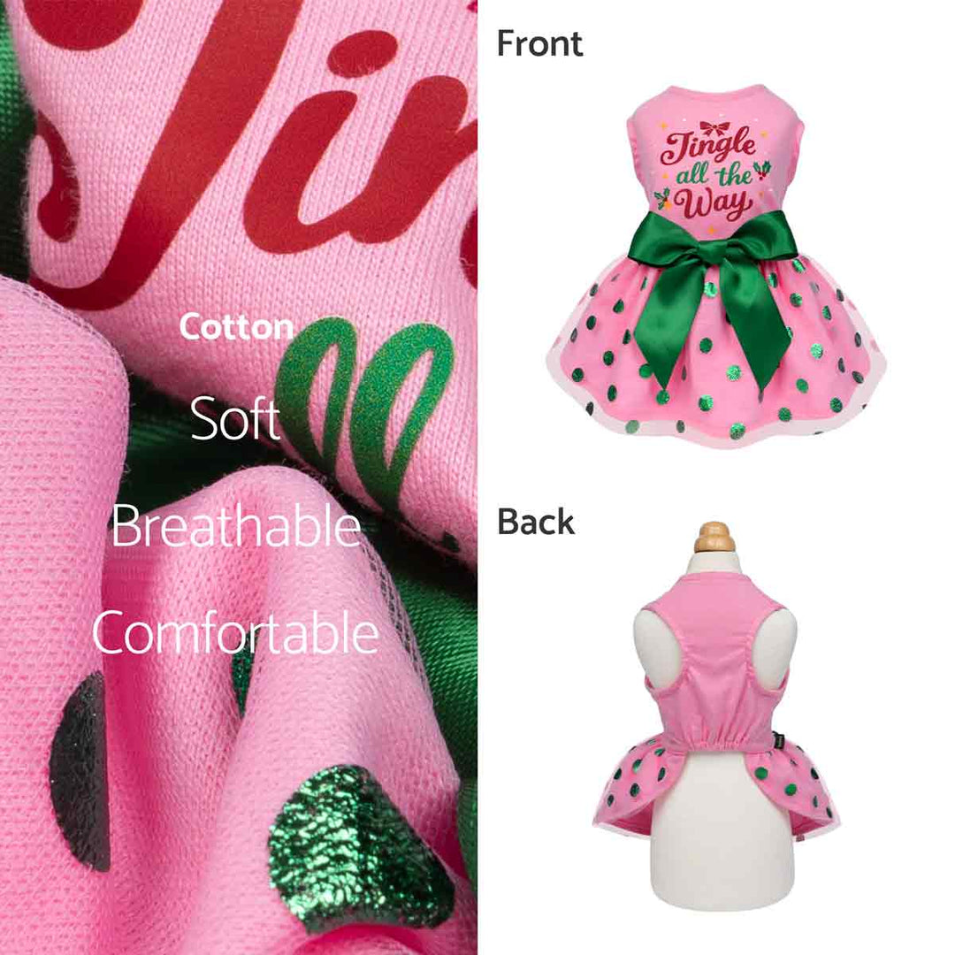 Dog dress shown from front and back, featuring green dots and large green bow.