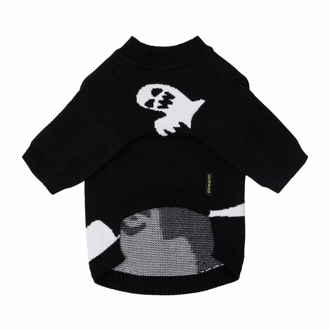 Black knit ghost dog sweater with white spooky designs. Soft, stretchy pullover Halloween apparel for pets.